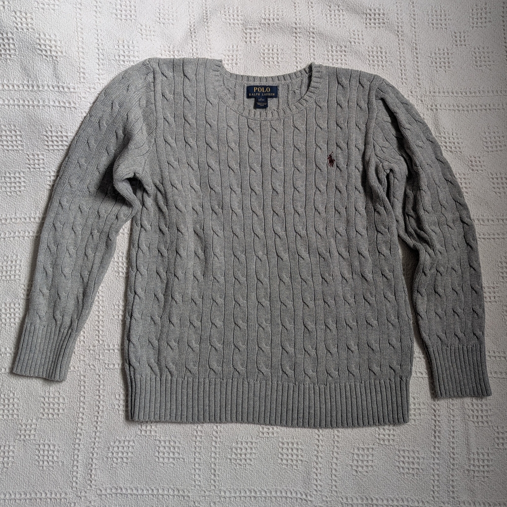 grey cable knit crewneck sweater